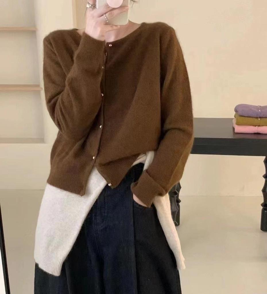 Korean Style Women's Wool Cardigan Sweater - Solid Color, Long Sleeve, Round Neck, Short Length.