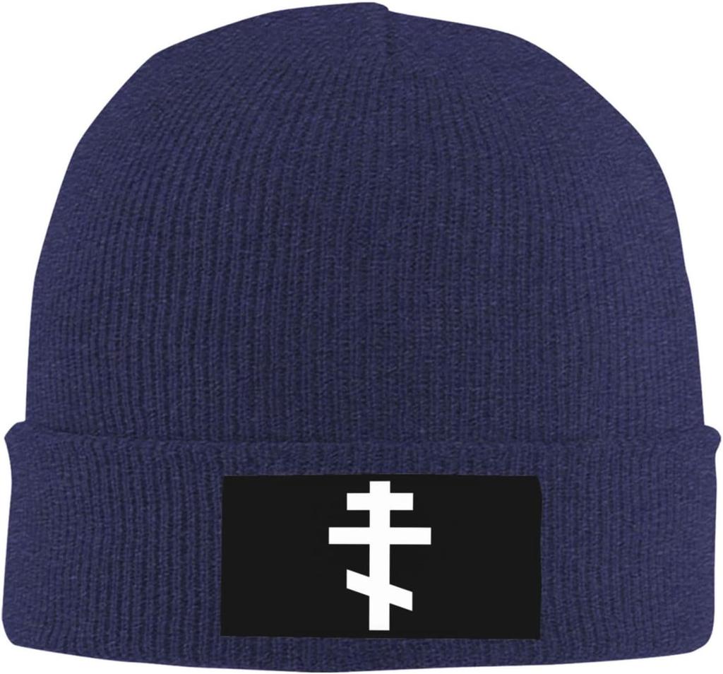 Berretto a Cuffia con Croce Ortodossa Bianca Unisex Donna Cappello in Maglia Cappello a Calza Cappello Lento a Teschio Caldo Cappello di Copertura Cappello in Maglia Nero