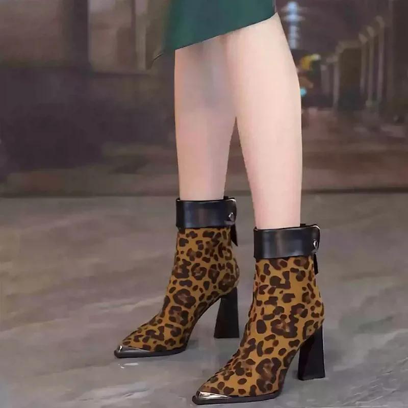 Vintage Leopard Women Ankle Boots Fashion Pointed Toe Short Booties Autumn Winter Laides Concise Thick Heel Shoes