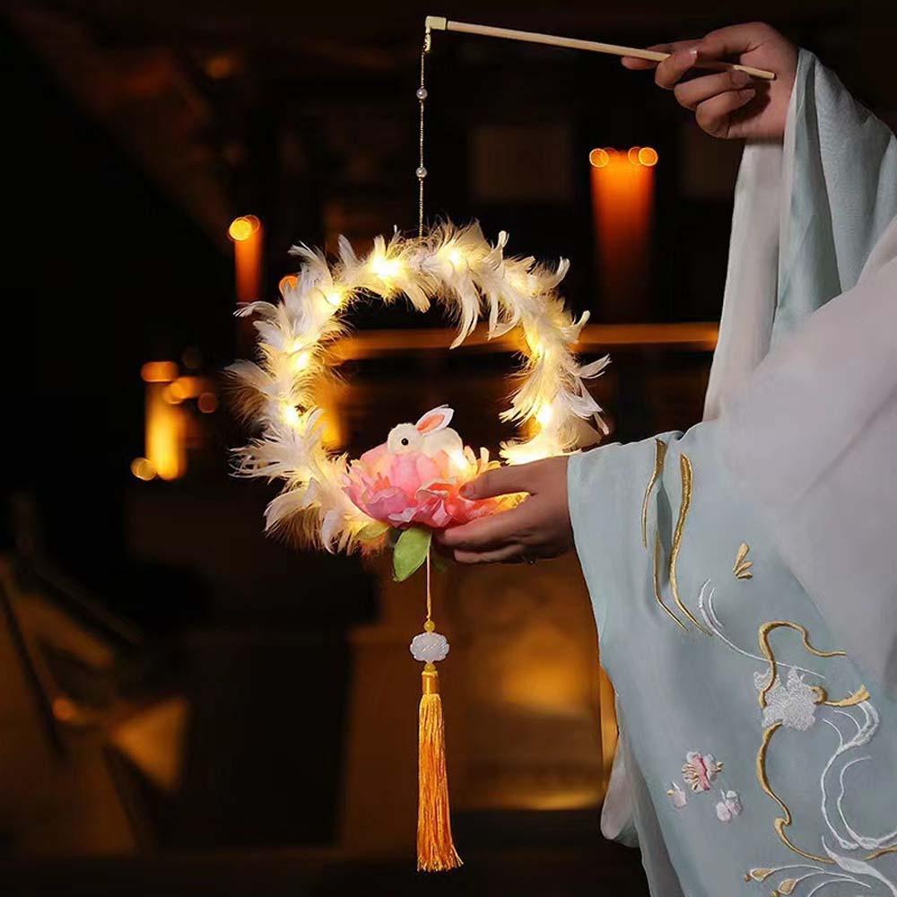 Handmade Children's Rabbit Lantern Chinese Style Feather Bunny Lamp  Hanfu Accessories