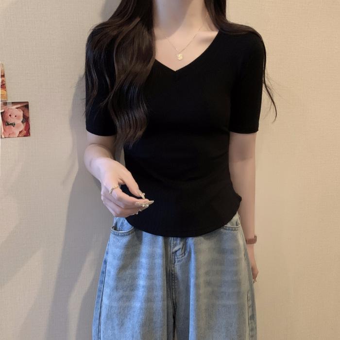 

Black T-shirt women s short-sleeved V-neck loose cotton summer women s clothing 2025 new base with solid color thin top M чёрный