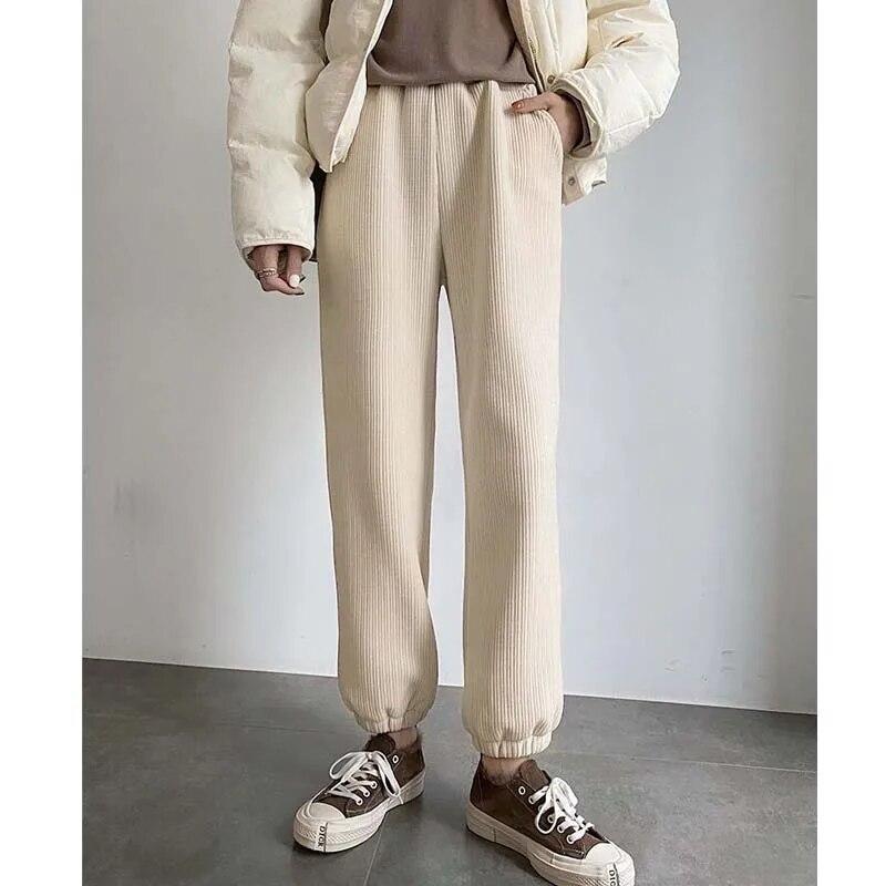 

Fashion Casual High-waist Loose Trousers Autumn Cold Resistant Thick Velvet Pants Winter Warm Ankle-length Pants Women 29268 XXL абрикосовий
