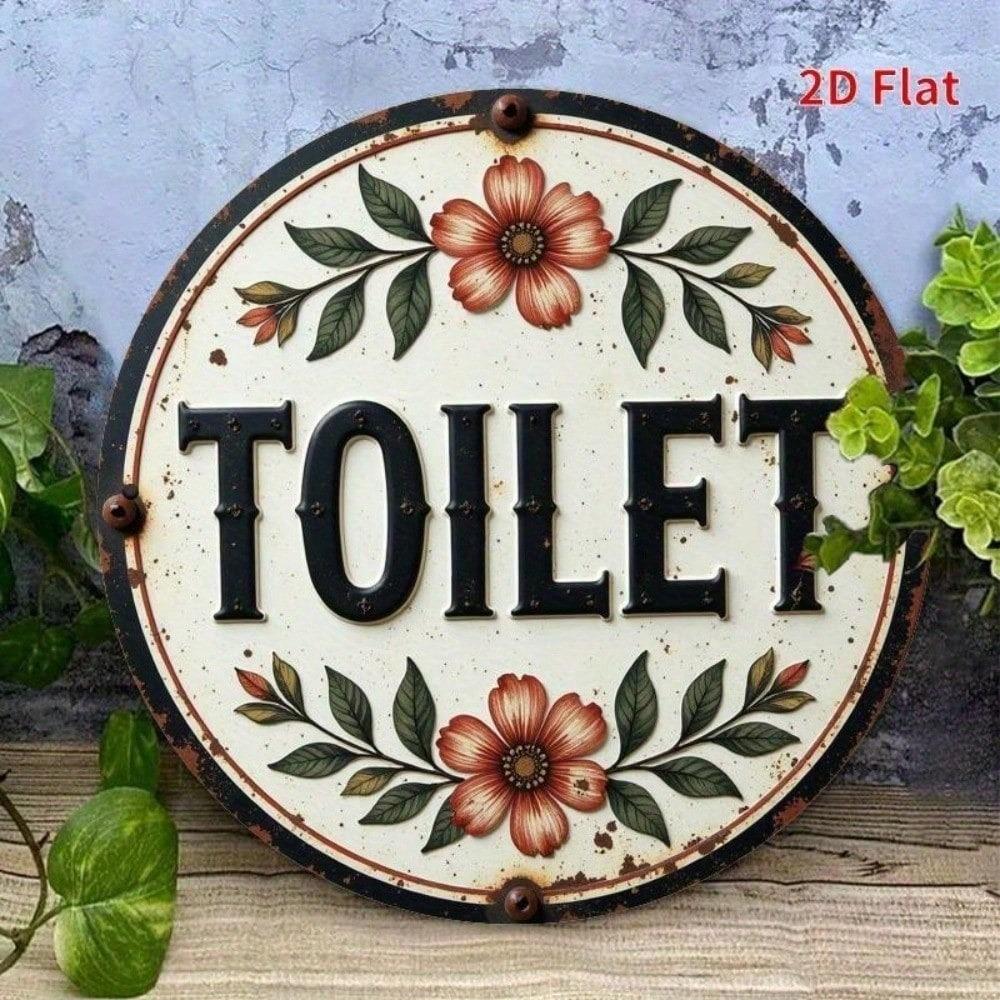 1P 8x8 Round Metal Sign Funny Toilet Decor with Flowers Wall Art Bathroom Ornament