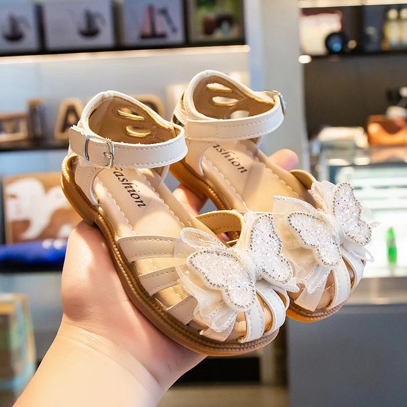 

Shine Children Sandals for Girls Butterfly Cute Designer Kids Shoes Peep-toe Korean Style 2025 Summer New Soft Breatheable Chic 21 бежевий