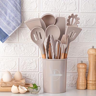 Silicone Kitchen Utensil Set Non-Stick Cookware with Wooden Handles