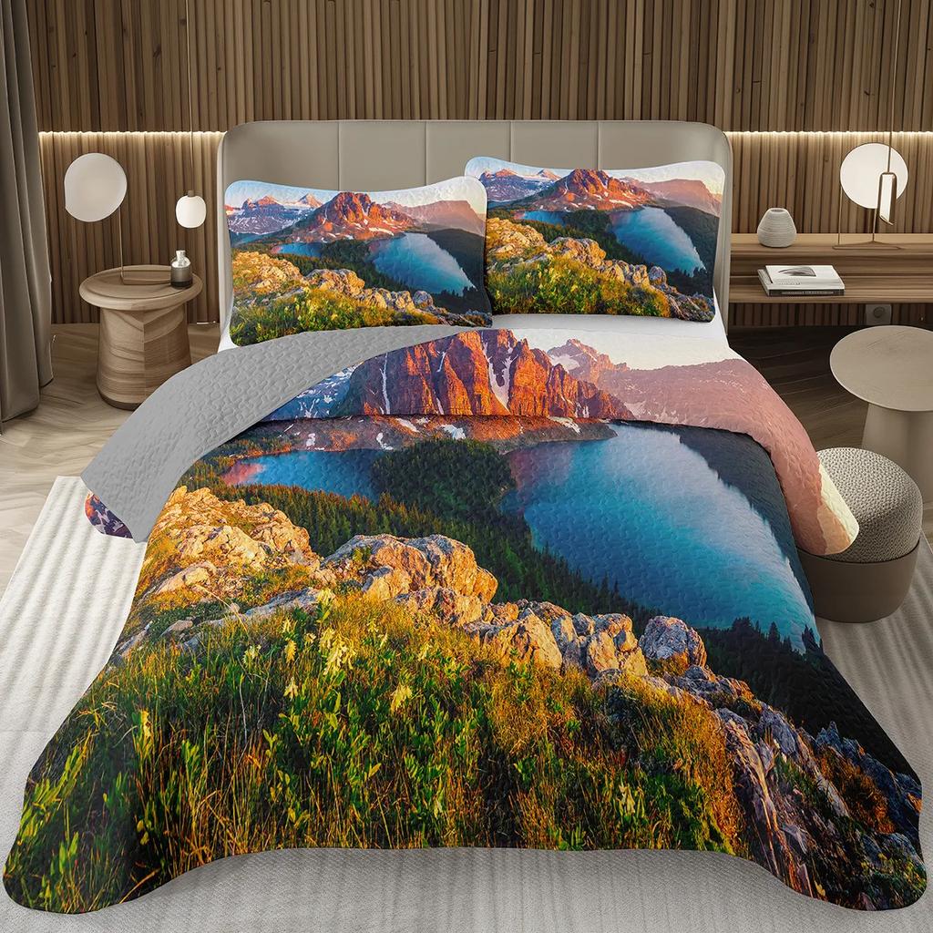 Smoky Mountain Quilt Set Queen for Teens Adults,Trees Coverlet Set,Misty Tree Landscape Bedspread Set,Nature Woodland Bed Cover