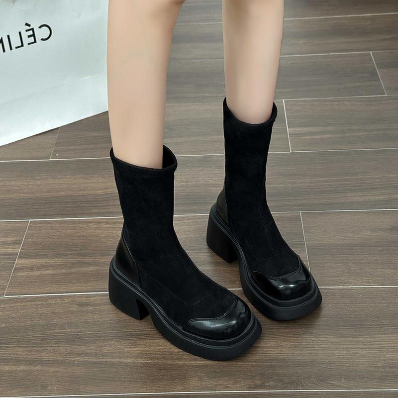 

Fashion boots women s new thin boots square heel thick-soled suede elastic boots thick heel Martin boots 40 чорний