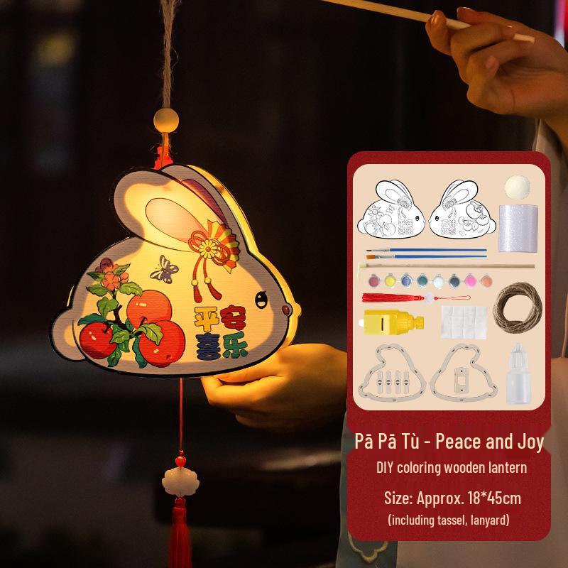 Wooden DIY Mid-Autumn Festival Rabbit Flower Lantern Kit - Ancient Style Handheld Craft DIY Material Pack