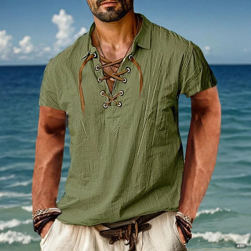 Summer Men's Cotton Linen 100% Shirt Solid Color Lace-up Turn-down Collar Shirt  Linen Shirt Top