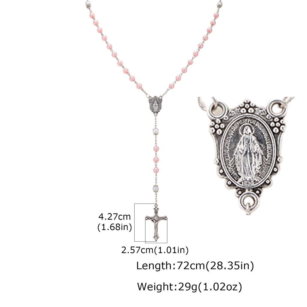 Retro Pink Beads Rosary Virgin Mary Necklace for Women Jesus Cross Tail Chain Y-shaped Necklace Fashion Pray Jewelry Gift