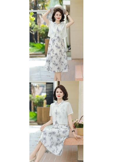Elegant Loose-Fit Chiffon Dress with Wide-Leg Skirt for Middle-Aged and Elderly Women