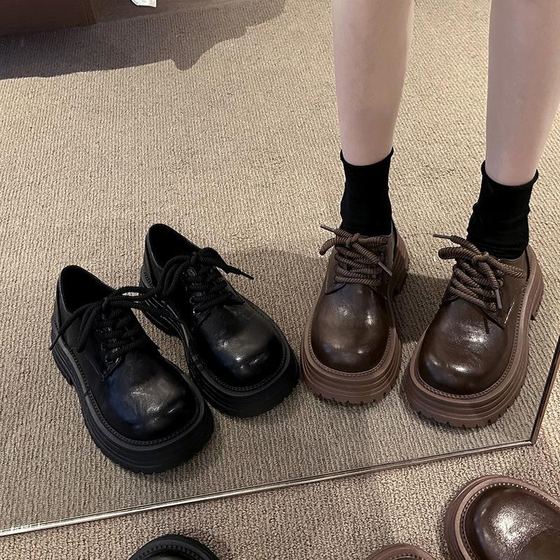 Retro Fashion Small Leather Shoes Women Small Wear Lace-up Comfortable Casual Shoes Niche Design Thick Heel Platform Single Shoes