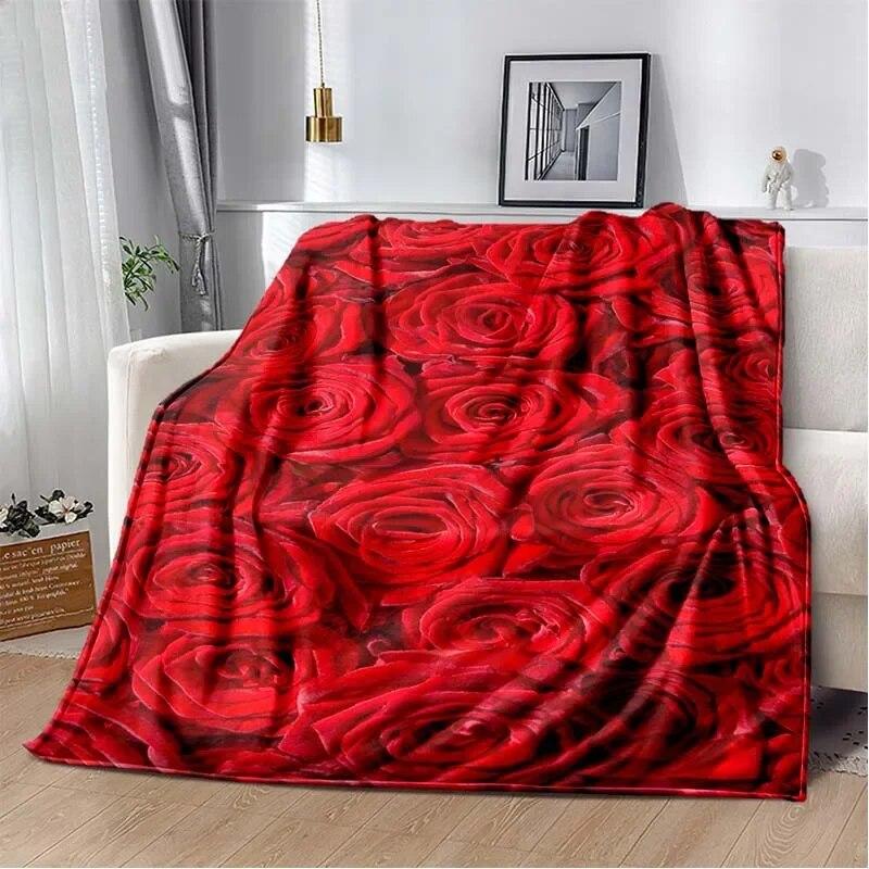 Patterned Red Rose Lightweight Flannel Blanket ,Warm Soft Cozy Blanket Home Decor Birthday Gift For All Season Blanket