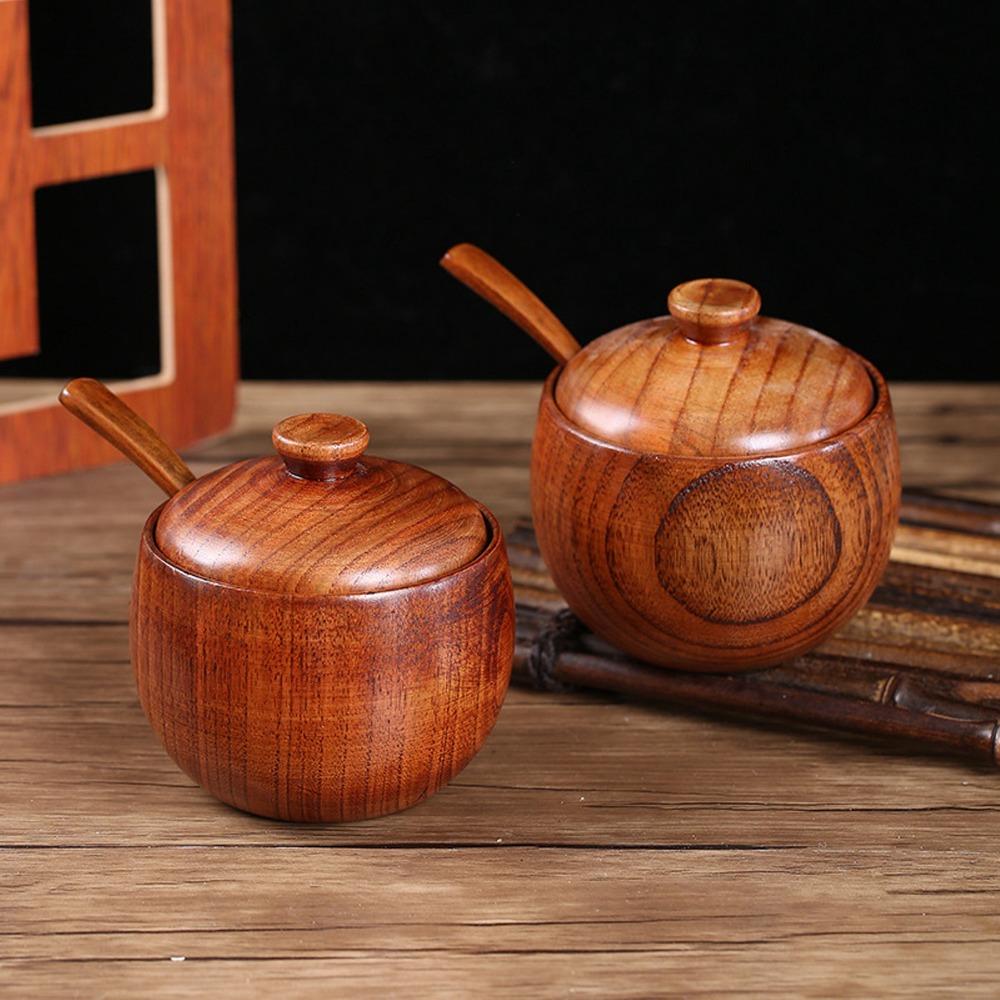 2Set Wooden Bowl Solid Wood Seasoning Jar Japanese with Lid and Spoon Sugar Bowl 2.4x3.5in Retro Seasoning Box Seasoning Storage