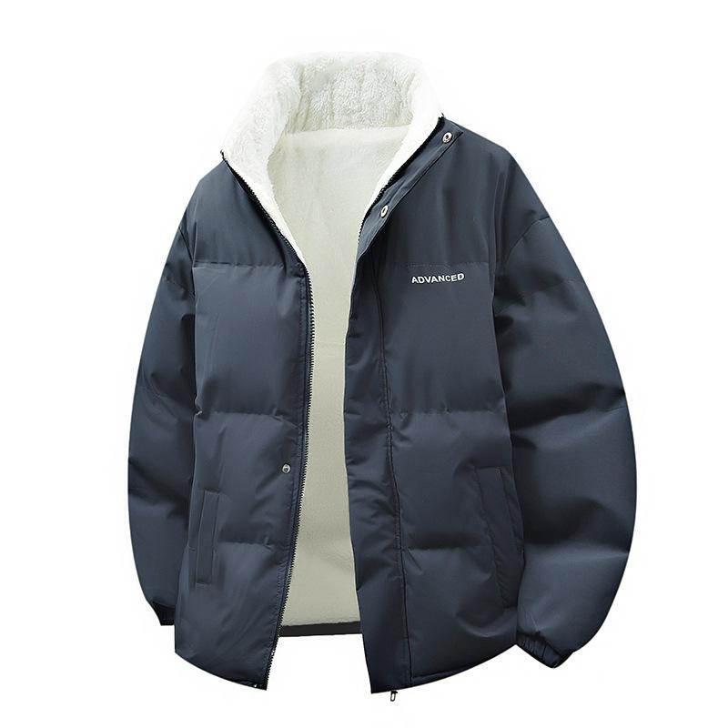 Lamb Cashmere Collar Cotton-padded Jacket Men's Padded Bread Clothes Hong Kong Wind Couple Cotton-padded Jacket Plus Velvet Coat.