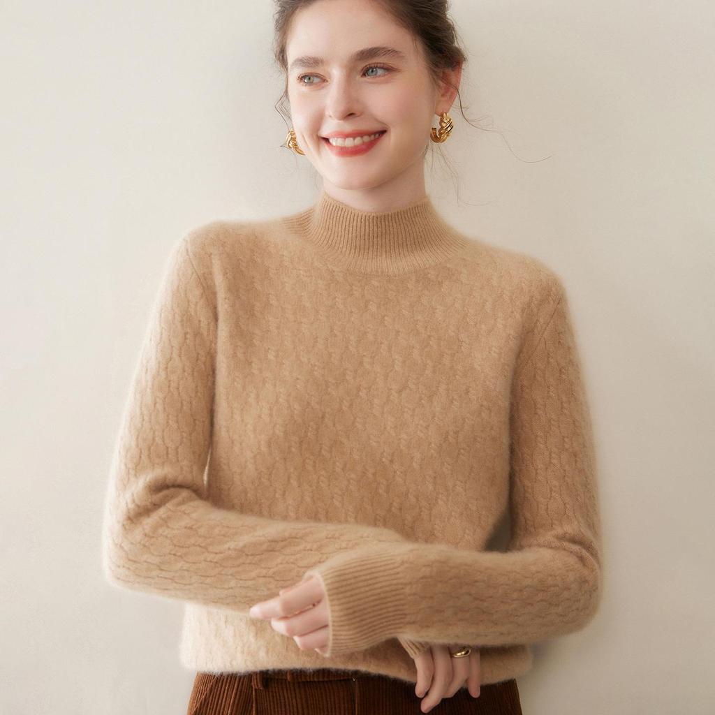 Women's Cable Knit Cashmere Sweater – Loose, Simple, Thickened, Half-High Neck for Autumn/Winter