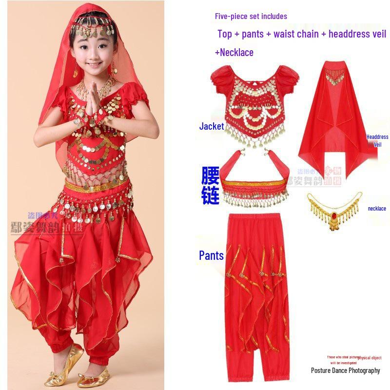 

Костюм для індійського та синьцзянського танцю для дівчаток: Дитячий етнічний одяг для виступу з танцю живота XL (130-140cm)