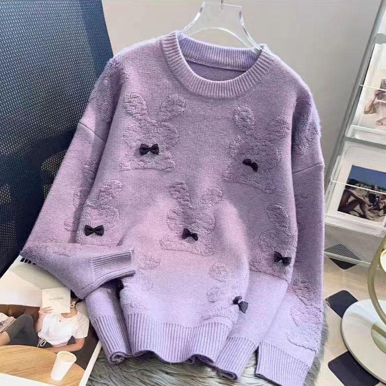 

Осенне-зимний свитер с круглым вырезом для женщин, утолщенная верхняя одежда, свободный крой, новый стиль в осенней моде, модный и непринужденный стиль, вязаная базовая рубашка-топ 2XL фиолетовый