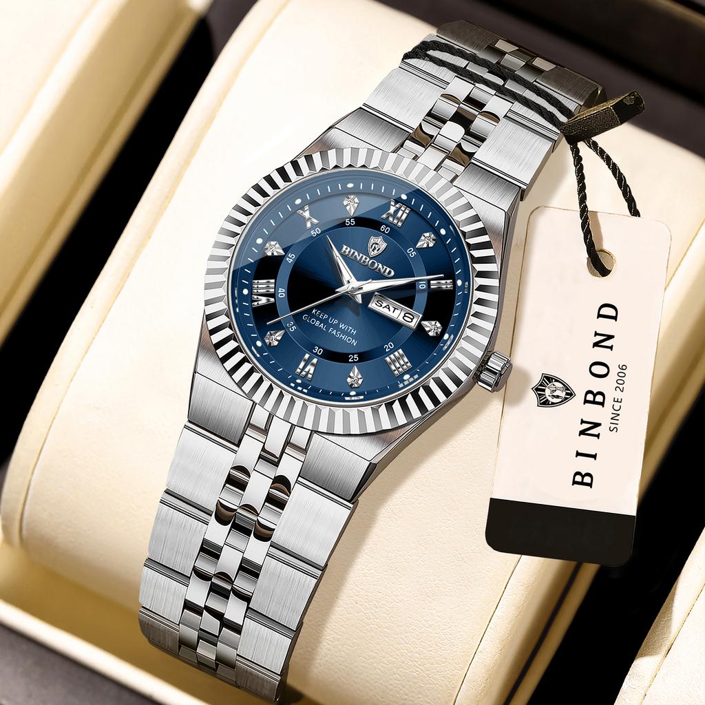 BINBOND Precise Quartz Watches For Men Week Display Auto Date Stainless Steel Luminous Waterproof Men's Watch Luxury Reloj