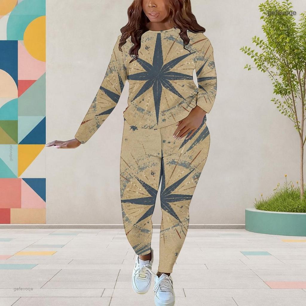 Women Plus Size Round Neck Long Sleeve Printed Top And Fitted Pants Two Piece Set