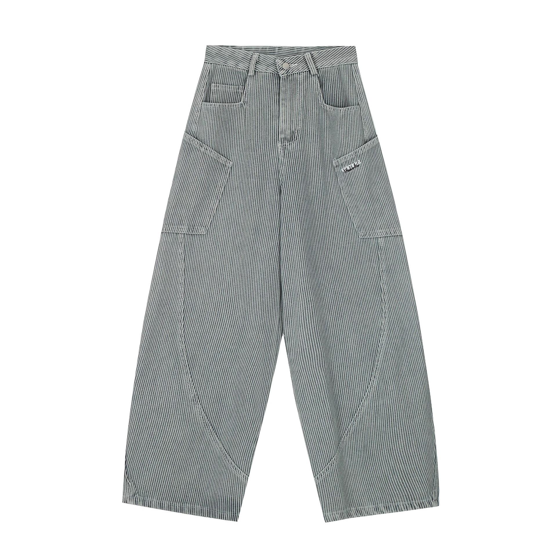 American Retro Striped Jeans Women s Spring and Autumn Loose Wide-leg Big Pocket Tooling Trousers Trendy Women s High-waisted Striped Jeans S