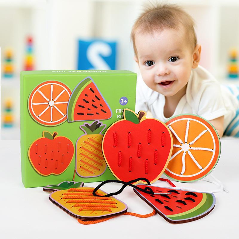 Holz-Tier- und Obst-Schnürbrett Pädagogisches Spielzeug für Kleinkinder zur Entwicklung der Hand-Auge-Koordination