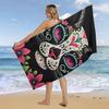Day of The Dead Kitty Cat Sugar Skull Beach Towel, Cute Oversized Quick Dry Absorbent, Sand Free Lightweight Travel Pool Mat