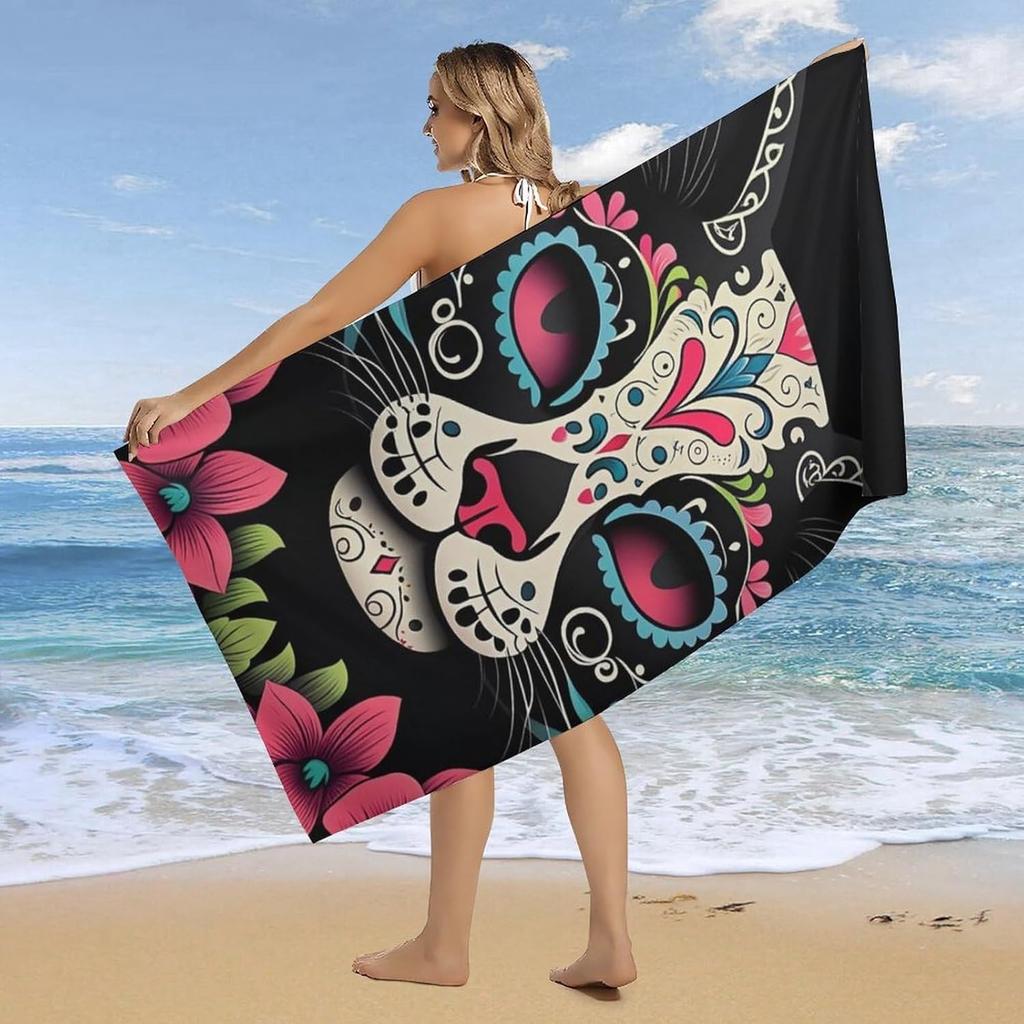 Day of The Dead Kitty Cat Sugar Skull Beach Towel, Cute Oversized Quick Dry Absorbent, Sand Free Lightweight Travel Pool Mat
