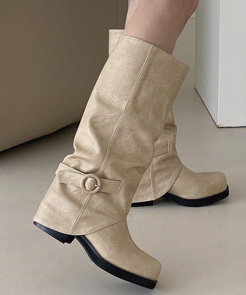 Moodnple Venzamin Buckle Point Natural Shirred Long Boots Unique Material 2 Colors 4Cm