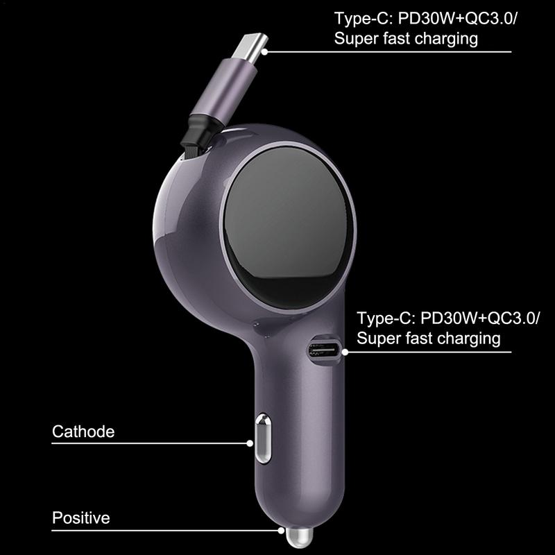 Type-C Fast Charging Adapter Double PD30W Super Charger Adapter Retractable Cable Cell Phone Charger Vehicle Interior Supplies
