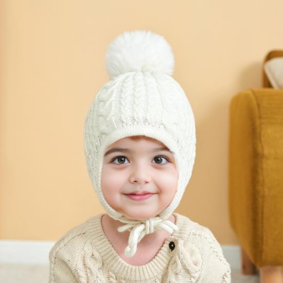 Children Hat Plush Ball Decor Twist Texture Lace-up Knitting Hat Solid Color Design Breathable Warm Winter Hat