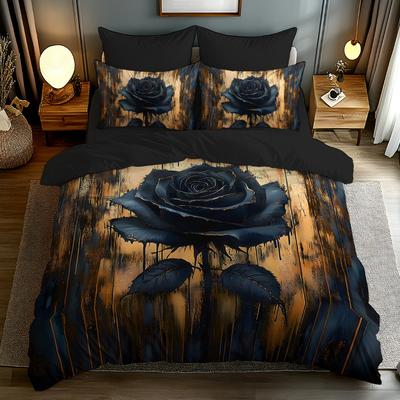 Schwarzes Bettwäsche-Set mit bedruckter Deckenbezug aus 100 % Polyester mit Retro-Luxus-Rosen-Blumenmuster Thema 1*Deckenbezug + 1/2 Kissenbezüge