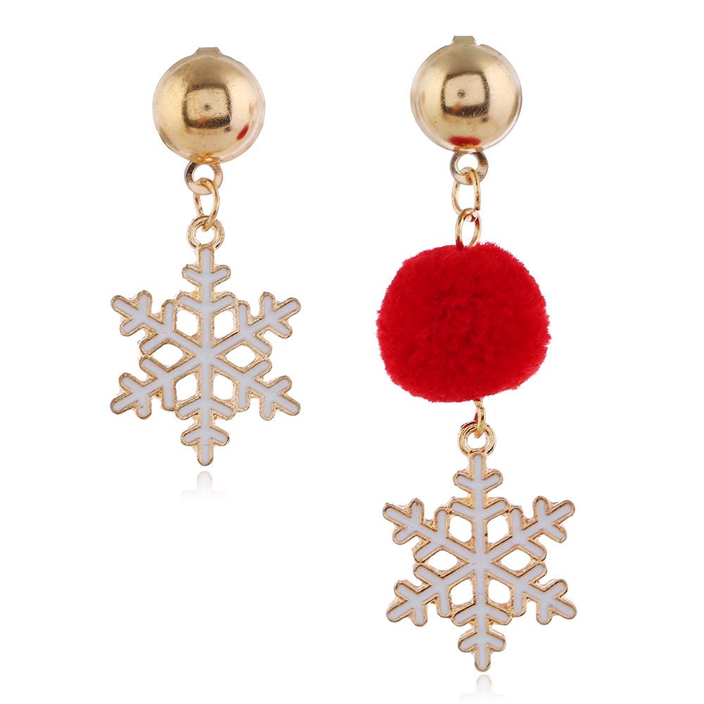 Women Asymmetric Santa /Gloves/Snowflower Shape Red Plush Ball Earrings