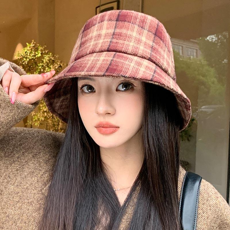 Cappello a secchiello in lana a quadri retrò da donna autunno inverno cappello a secchiello a quadri Maillard cappello a secchiello piccolo caldo viso britannico tendenza