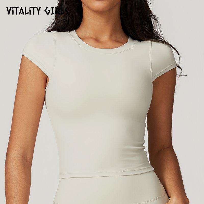

Vitality Girls Sports Slim-Fitting Short Sleeve Women with Chest Pad Elastic Tight Flying Sleeve Fitness T-shirt Slim Looking Grey apricot S
