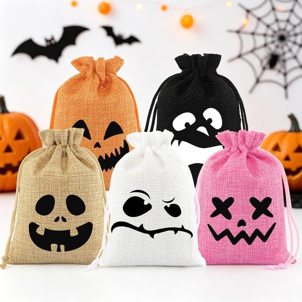 5Pcs Reusable Halloween Candy Bags Linen Halloween Gift Bags Spooky Face Pouches Trick or Treat