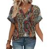 Women's Summer V Neck Striped T-shirt, Rolled Short Sleeve Loose Casual Color Block Stripe Daily Wear Blouse Tops