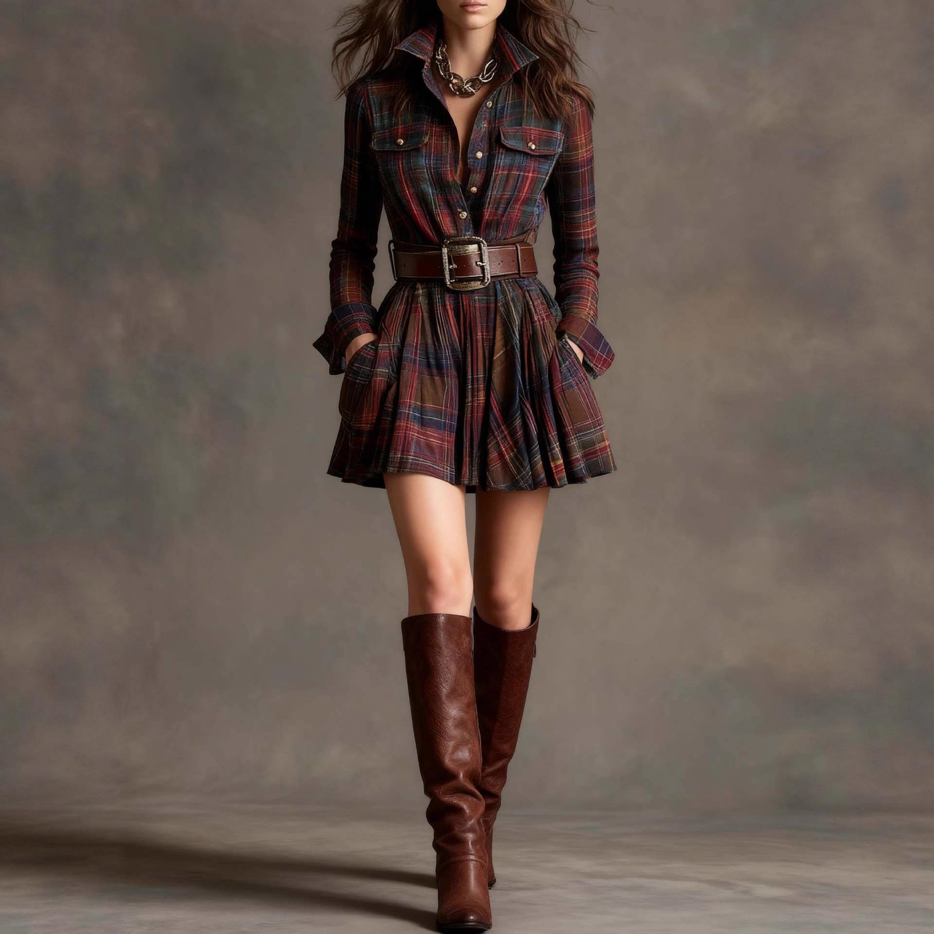 Retro Plaid Long Sleeve Shirt Dress with Pockets for Women S