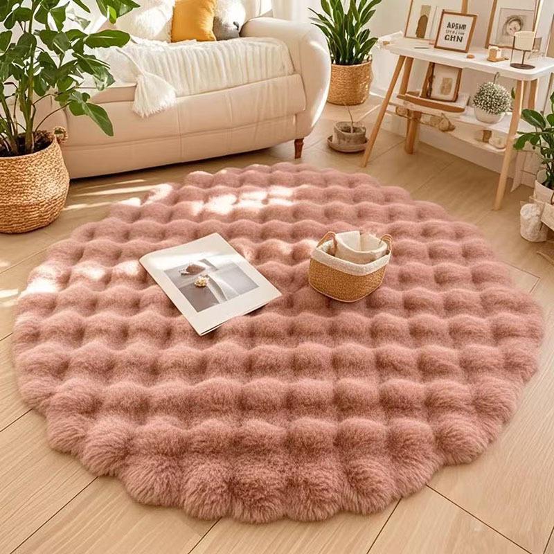 Cream Bubble Velvet Round Rug - Minimalist Style, Perfect for Living Room Coffee Table or Bedroom, Rabbit Plush Texture.