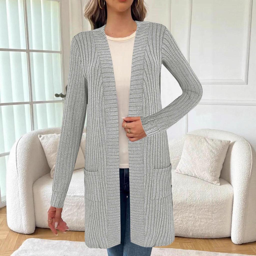 European & American Autumn/Winter Women's Long Sleeve Loose Pocket Cardigan Coat, Solid Color