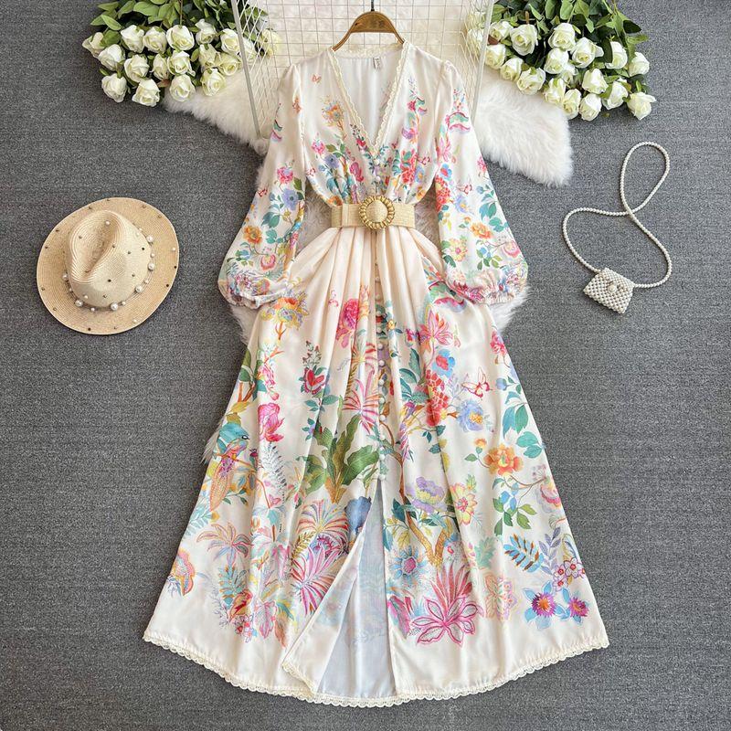 

Lace Lace V-neck Double-Breasted Silm Dress Dress Apricot M