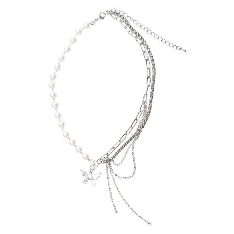 Super Fairy Zircon Butterfly Splicing Pearl Necklace High Sense Niche Simple Long Fringed Chain Collarbone Chain Tide