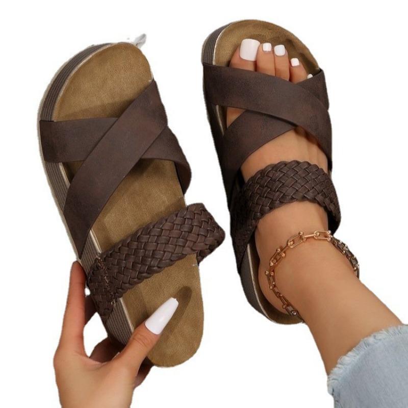 Casual sandals women's new flat-bottomed thick-soled cross-woven solid-color sandals