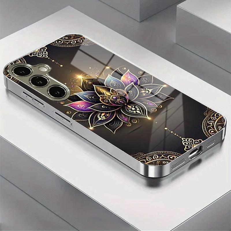 

Закаленное стекло с узором Мандала Лотос Чехол для телефона iPhone 17 16 15 14 13 12 11 Pro Max 16 Plus 17 Air Электроplating Серебряная Крышка iPhone 14 Plus