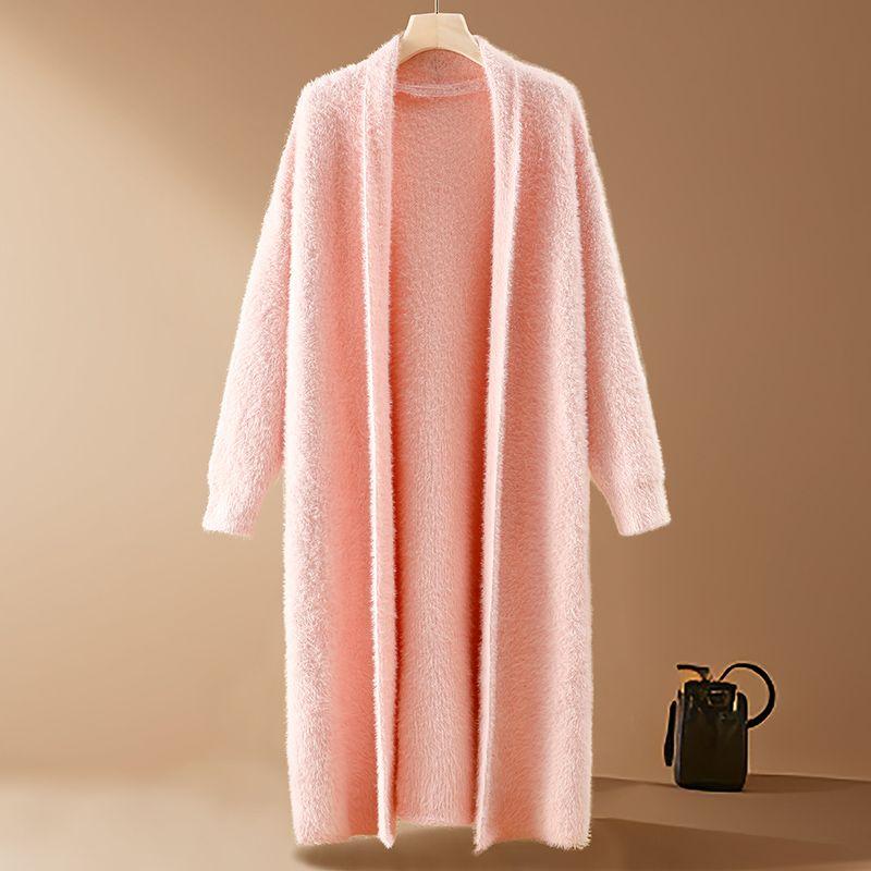 

Женский кардиган из вязаного норкового флиса класса люкс Осень Зима Толстый Теплый Плюшевый Вязаный Длинное Пальто L розовый