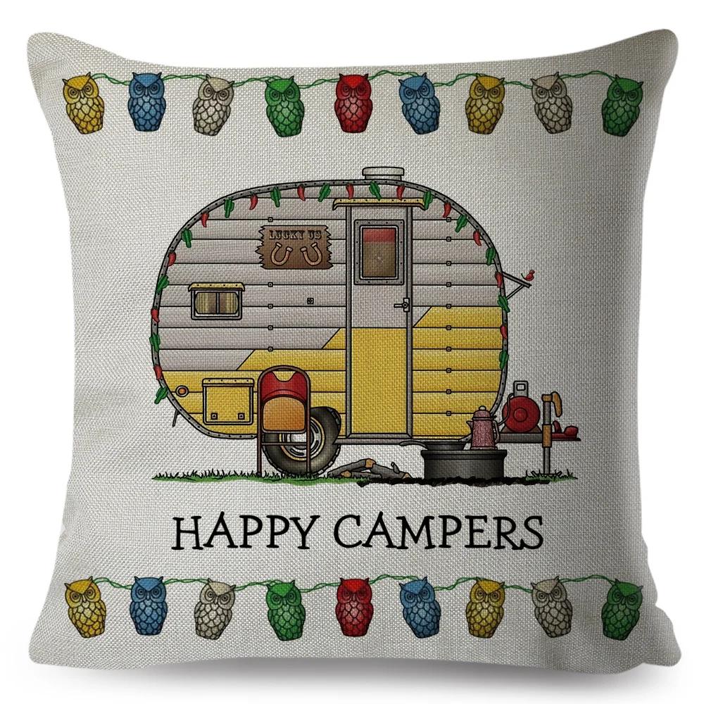Happy Camper Pillowcase Decor Cartoon Travel Car Printed Pillow Case for Home Sofa Children Room Polyester Cushion Cover 45x45cm