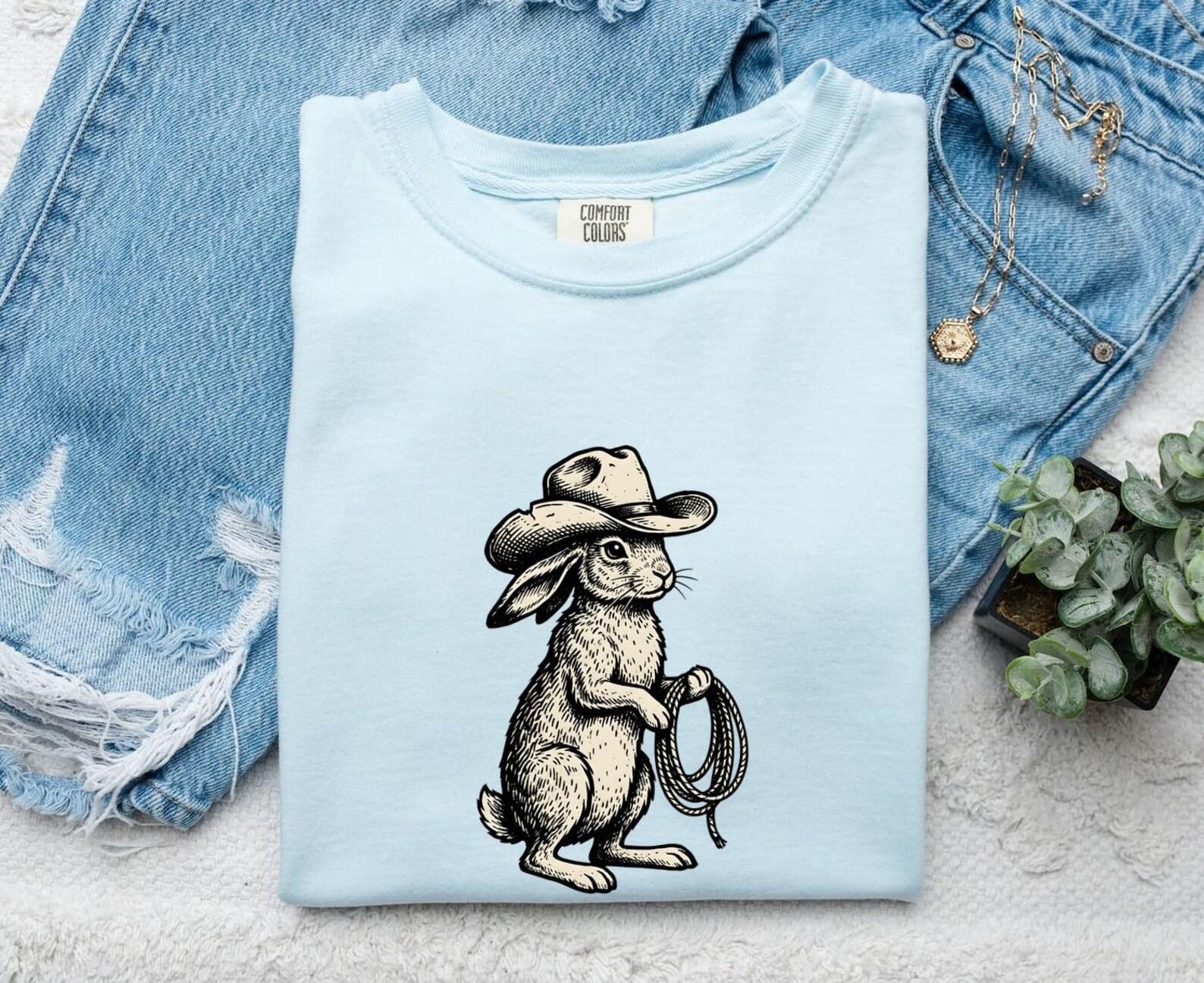 Western Rabbit Shirt Cowgirl Wildlife Gift Women Retro Tee Bunny T-Shirt Rodeo Fan Vintage Tshirt Wildlife Graphic Sketch Rope Tshirt 3XL