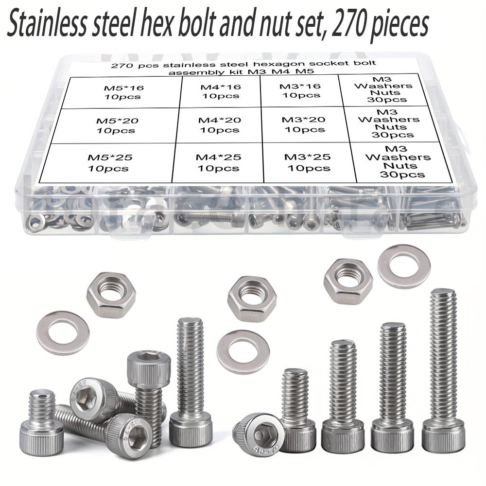 270-piece stainless steel hex bolt, nut, and washer set, M3, M4, and M5, available in lengths of 16mm, 20mm, and 25mm.