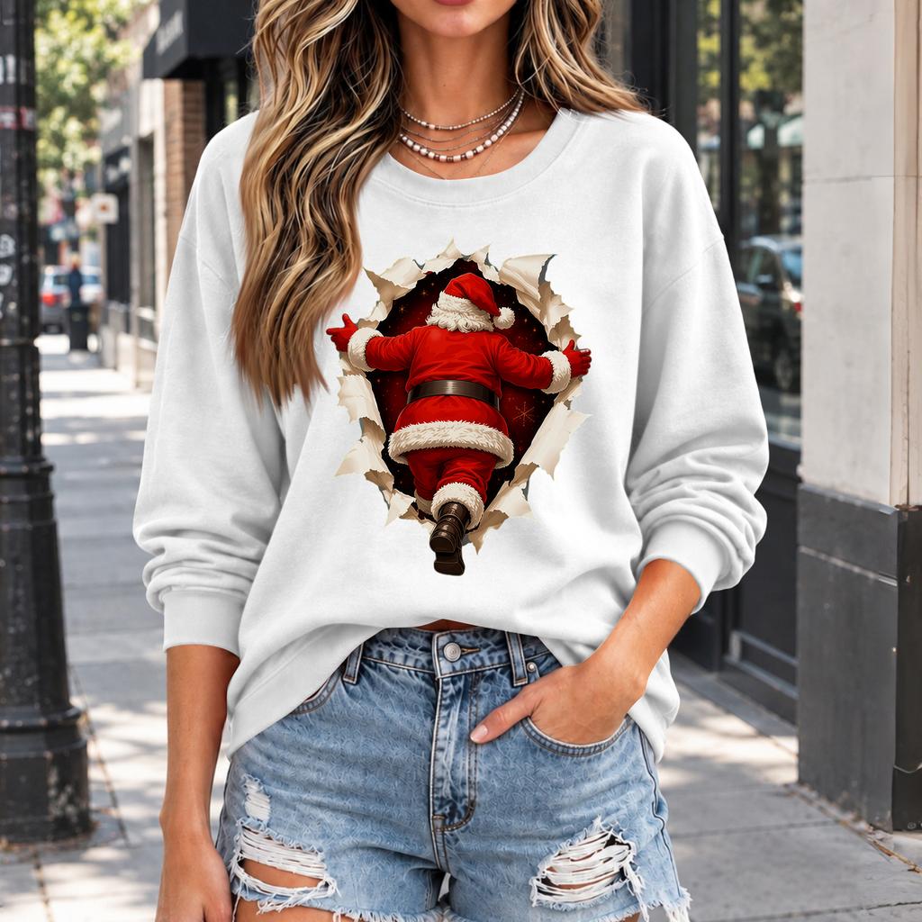 Women's Casual Christmas Print Crewneck Sweatshirt Pullover for Holiday Party Outfit
