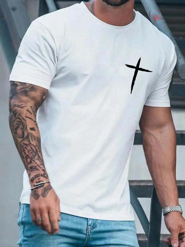 Simplicity Handwriting Cross Print Clothes Men Loose Oversized T-Shirt Summer Cotton Loose Short Sleeve Casual T-Shirts Tee